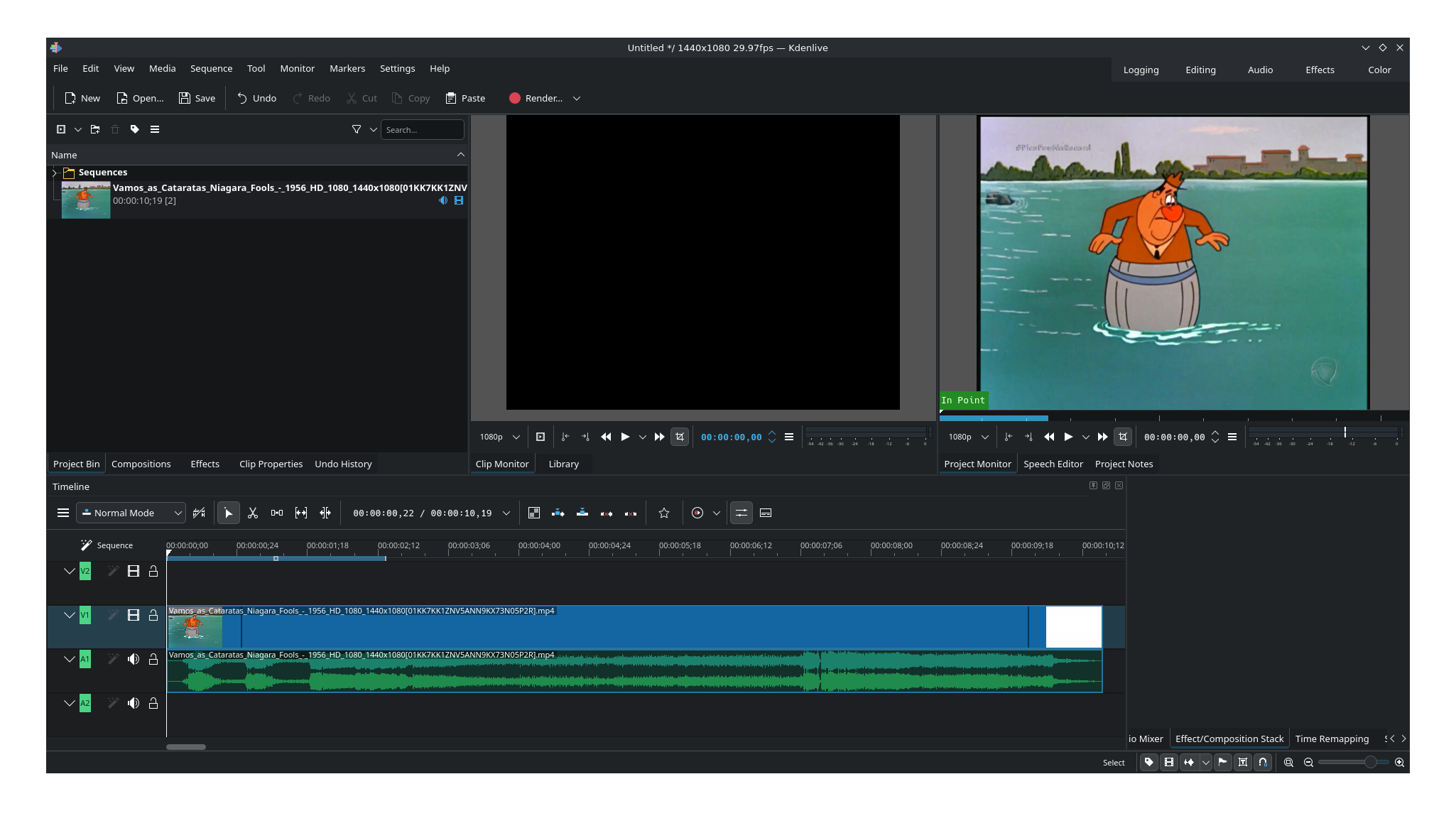 KDenLive com o vídeo carregado na timeline e ponto In marcado