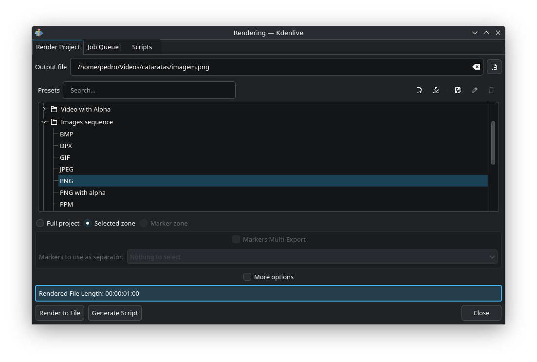 Janela de renderização do KDenLive com Images sequence > PNG selecionado
