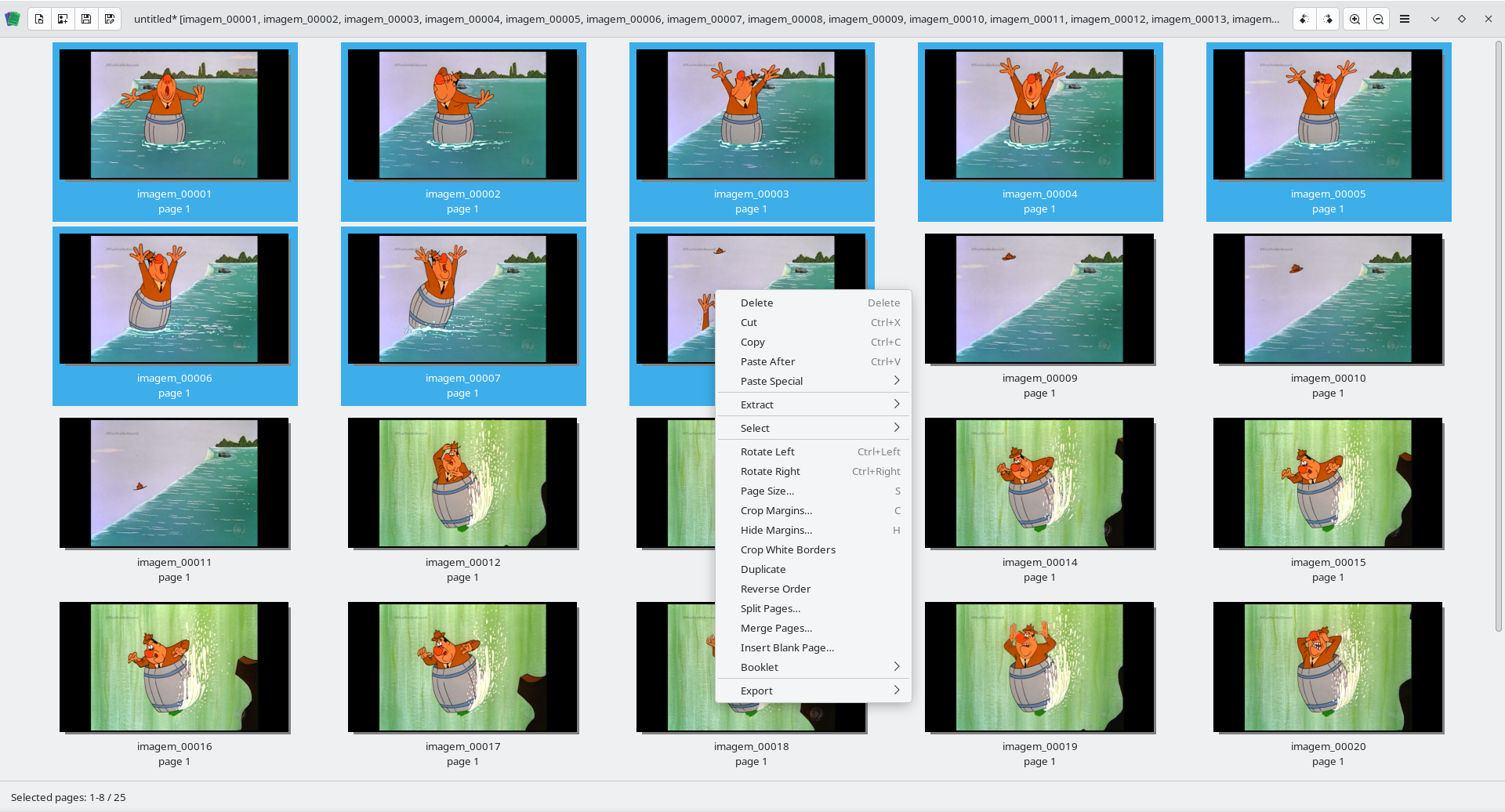 Seleção de 8 frames no PDF Arranger com o menu de contexto aberto mostrando "Merge Pages"