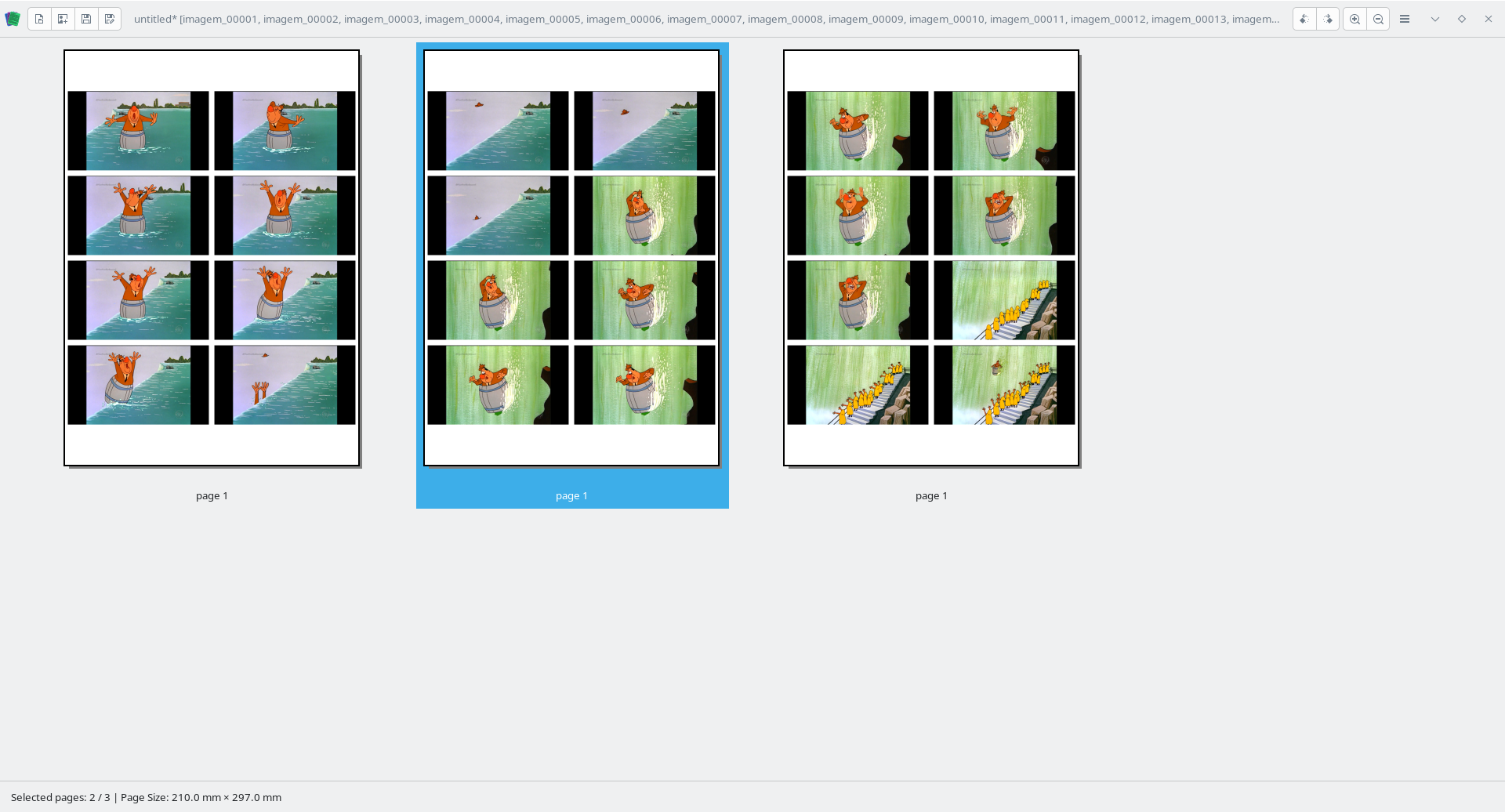PDF Arranger com as páginas finais montadas em A4 com 8 frames cada
