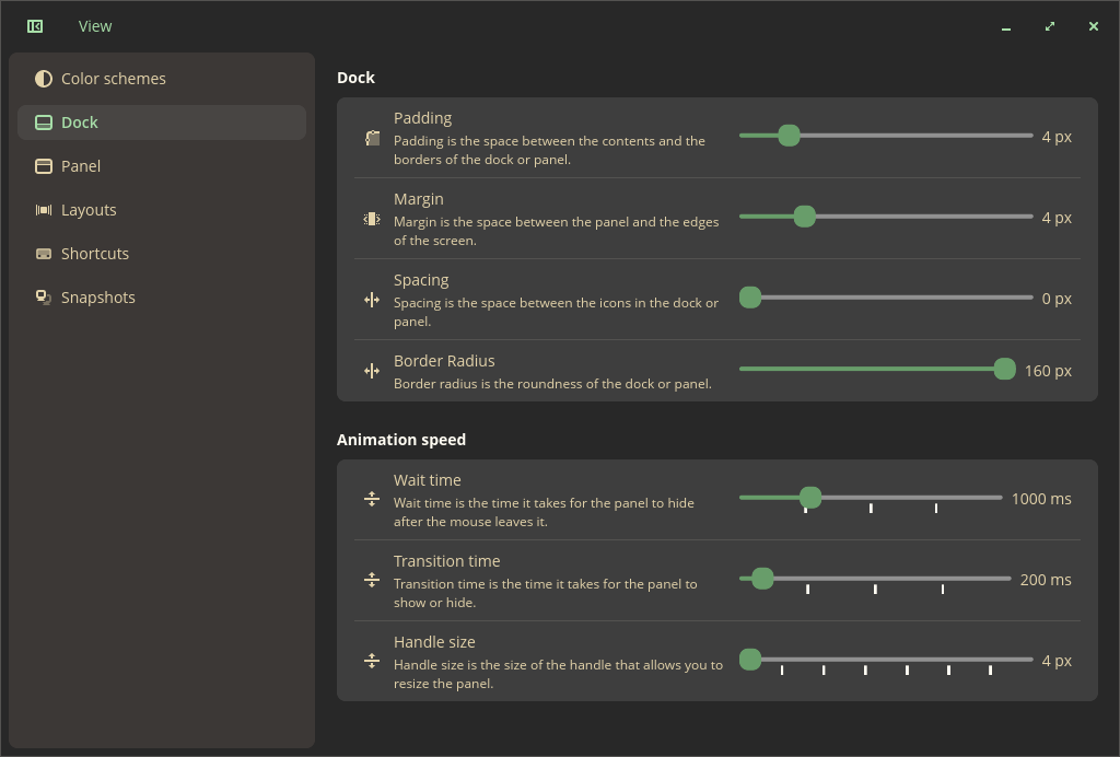 Configurações detalhadas do Dock