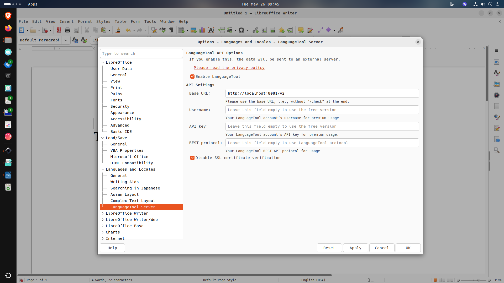 Tela de configuração do Libreoffice